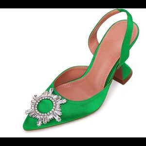 Fun Amina Muaddi DUPE green satin Begum sling back satin, yes…Dupes!